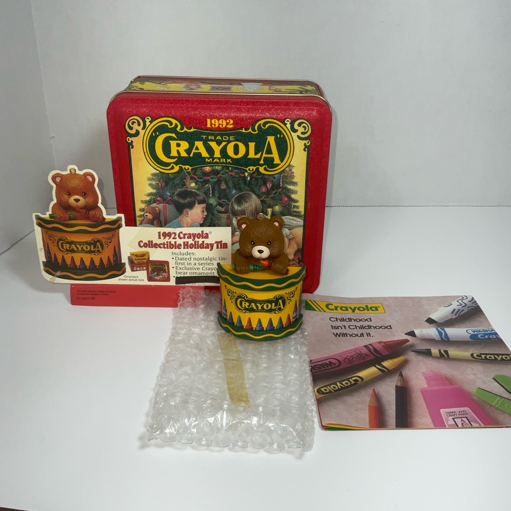 Vintage Crayola Collectible Holiday Tin Can1992 Including Crayola Bear Ornament